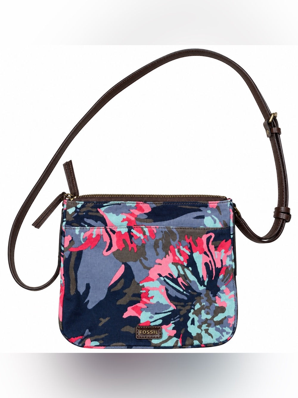 Fossil Floral Print Crossbody Bag Navy Multicolor Leather Trim